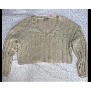 UO Urban Outfitters Cream Ribbed V-Neck Cropped Sweater Size M Boho Coastal